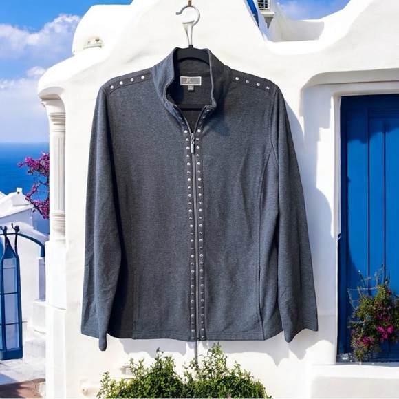 JM Collection Ladies M Grey Zip-Up Jacket With Embellishments - Picture 6 of 13